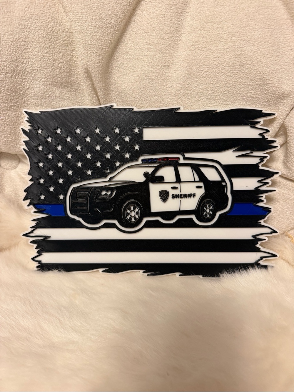 Thin Blue Line Sheriff SUV Wall Plaque - Black & White with Blue Accent